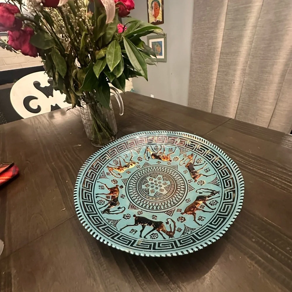 Vintage Turquoise Blue Glass Serving Bowl with Animal Motif by AKCAM Fabrique